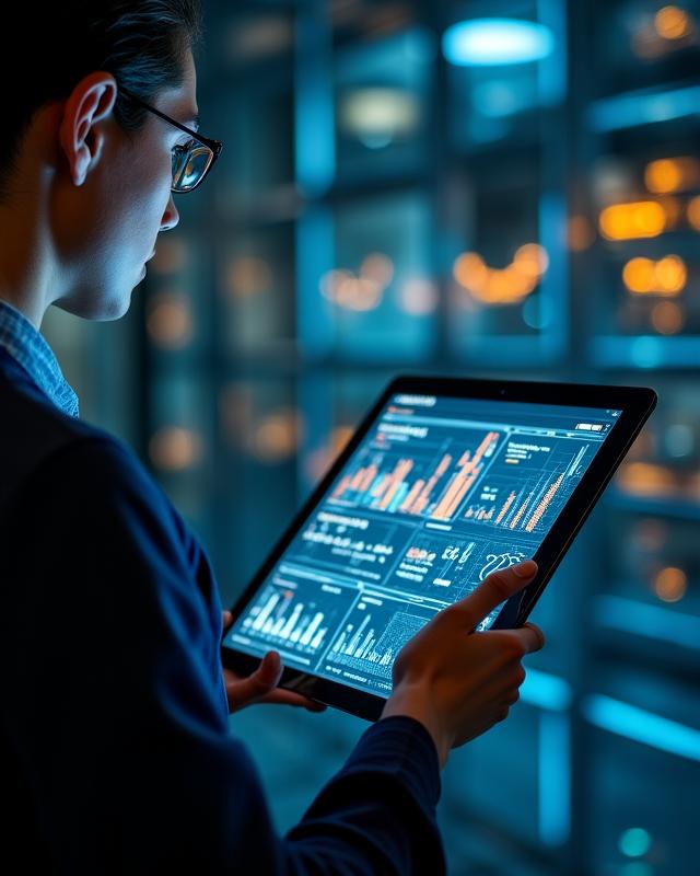 Data analyst working on a tablet with holographic financial health projection